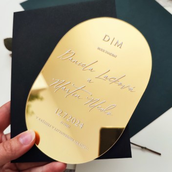 ideatree, oznámenie, svadba, svadobné oznámenie, luxusné oznámenie, zrkadlové oznámenie, zlaté oznámenie, transparentné, oznámenie s bielym textom, nové mesto nad váhom